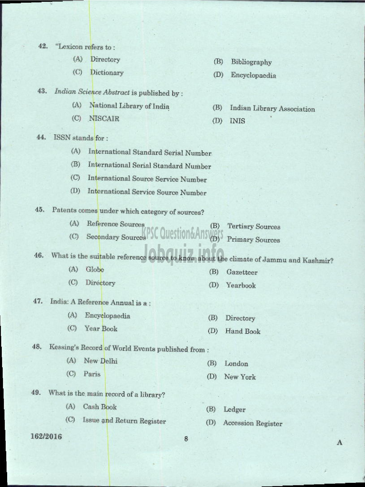 Kerala PSC Question Paper - LIBRARIAN GR IV KERALA COMMON POOL LIBRARY-6