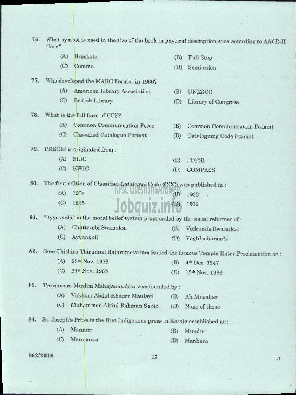 Kerala PSC Question Paper - LIBRARIAN GR IV KERALA COMMON POOL LIBRARY-10