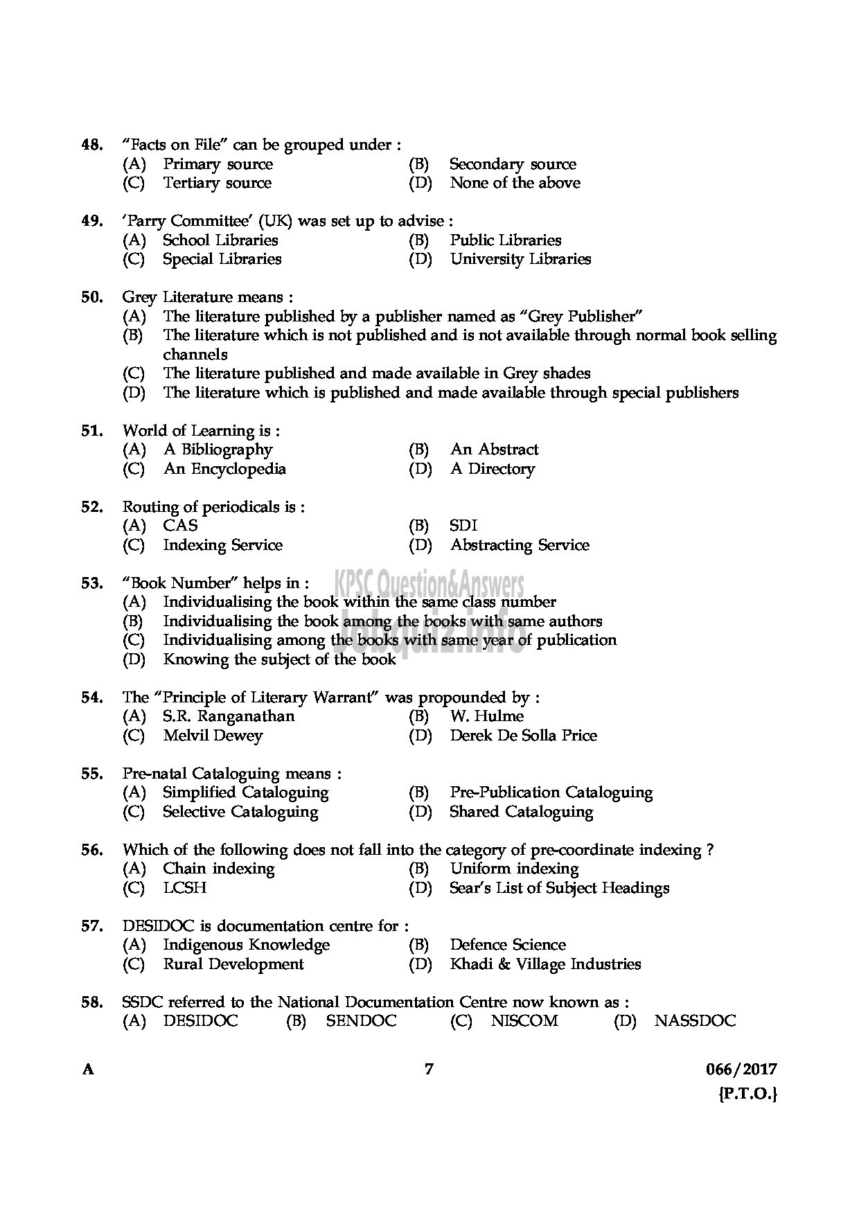 Kerala PSC Question Paper - LIBRARIAN GR IV KERALA COMMON POOL LIBRARY QUESTION PAPER-6