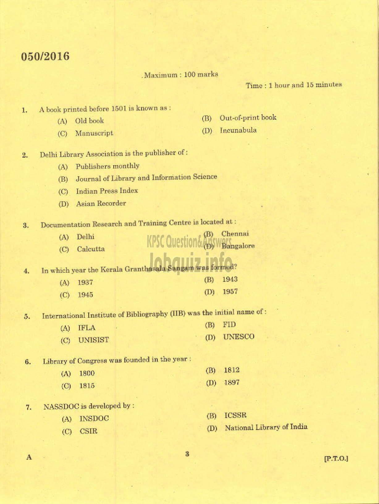 Kerala PSC Question Paper - LIBRARIAN GR IV KERALA STATE CENTRAL LIBRARY-1