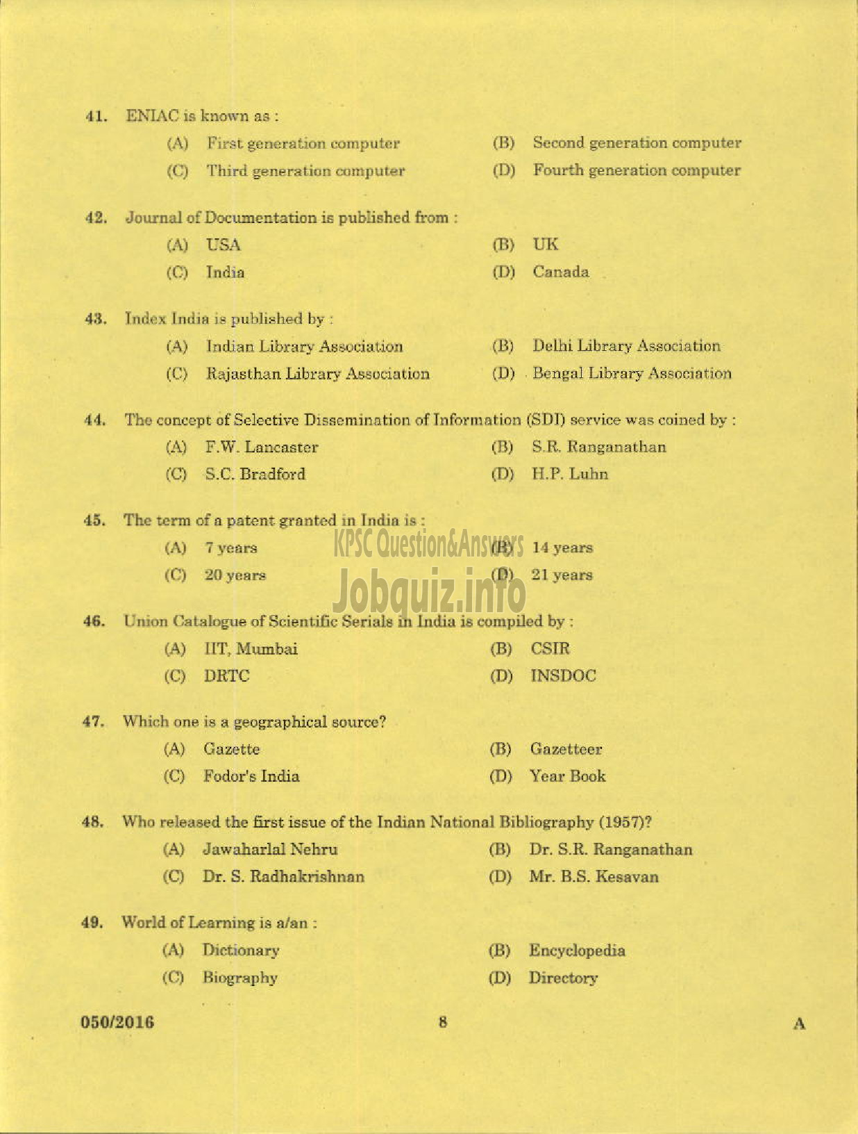 Kerala PSC Question Paper - LIBRARIAN GR IV KERALA STATE CENTRAL LIBRARY-6
