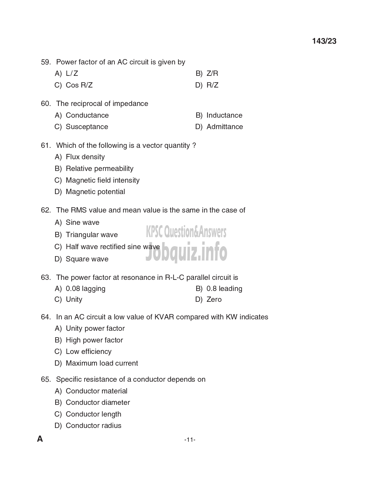 Kerala PSC Question Paper - LINEMAN GR.I-11