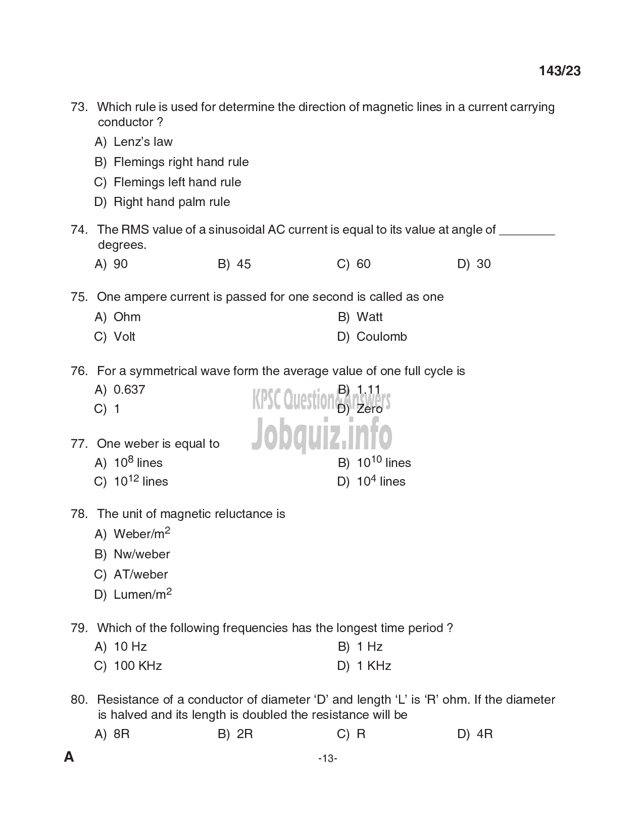 Kerala PSC Question Paper - LINEMAN GR.I-13