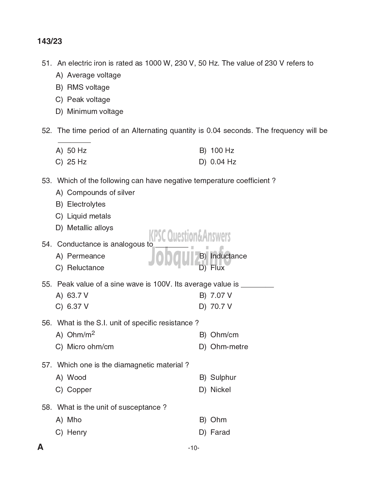 Kerala PSC Question Paper - LINEMAN GR.I-10