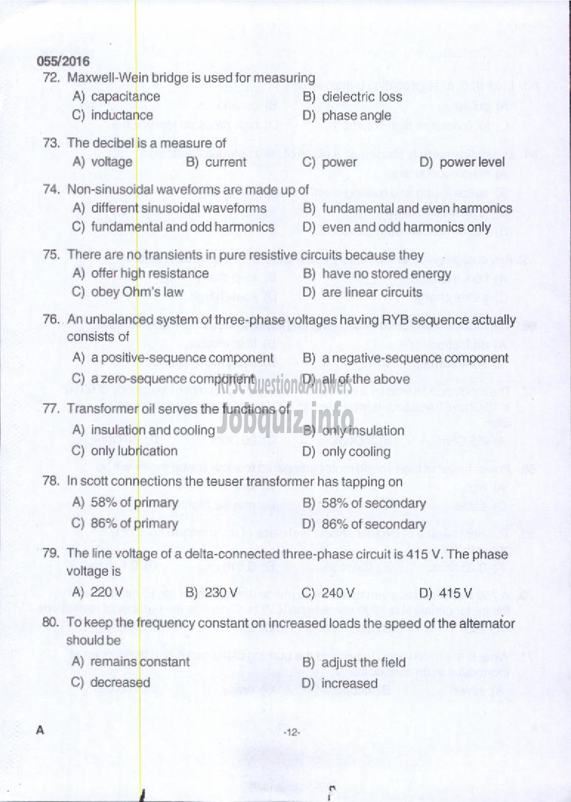 Kerala PSC Question Paper - LINEMAN PUBLIC WORKS ELECTRICAL WING-10