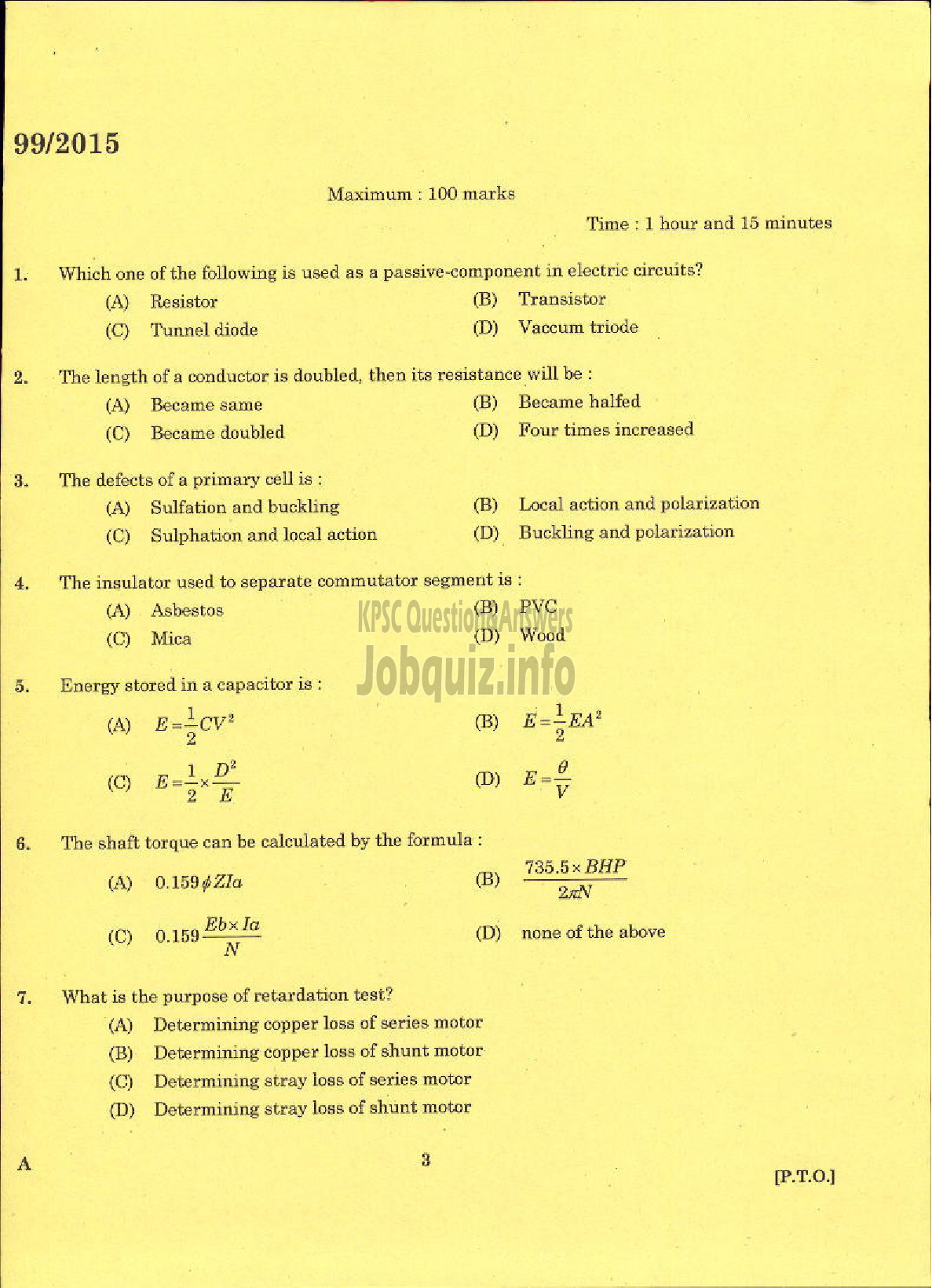 Kerala PSC Question Paper - LINEMAN PUBLIC WORKS ELECTRICAL WING-1