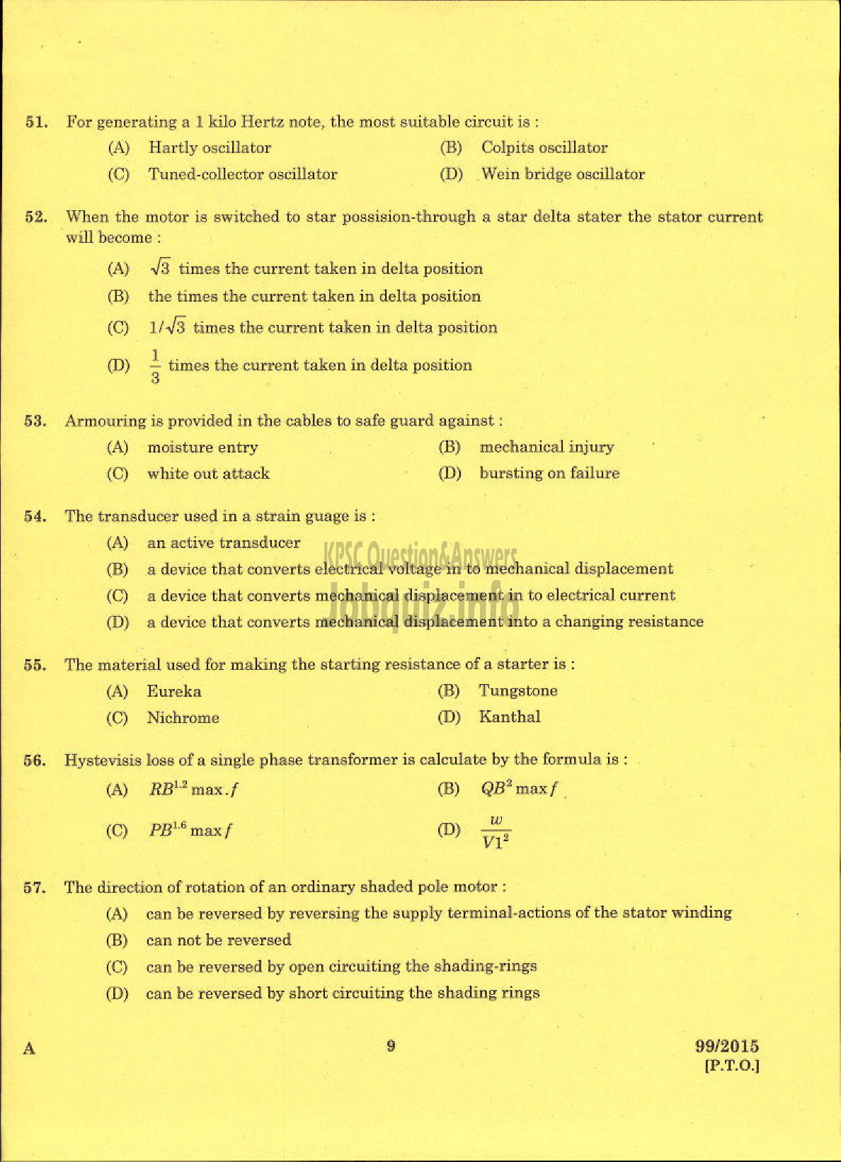 Kerala PSC Question Paper - LINEMAN PUBLIC WORKS ELECTRICAL WING-7