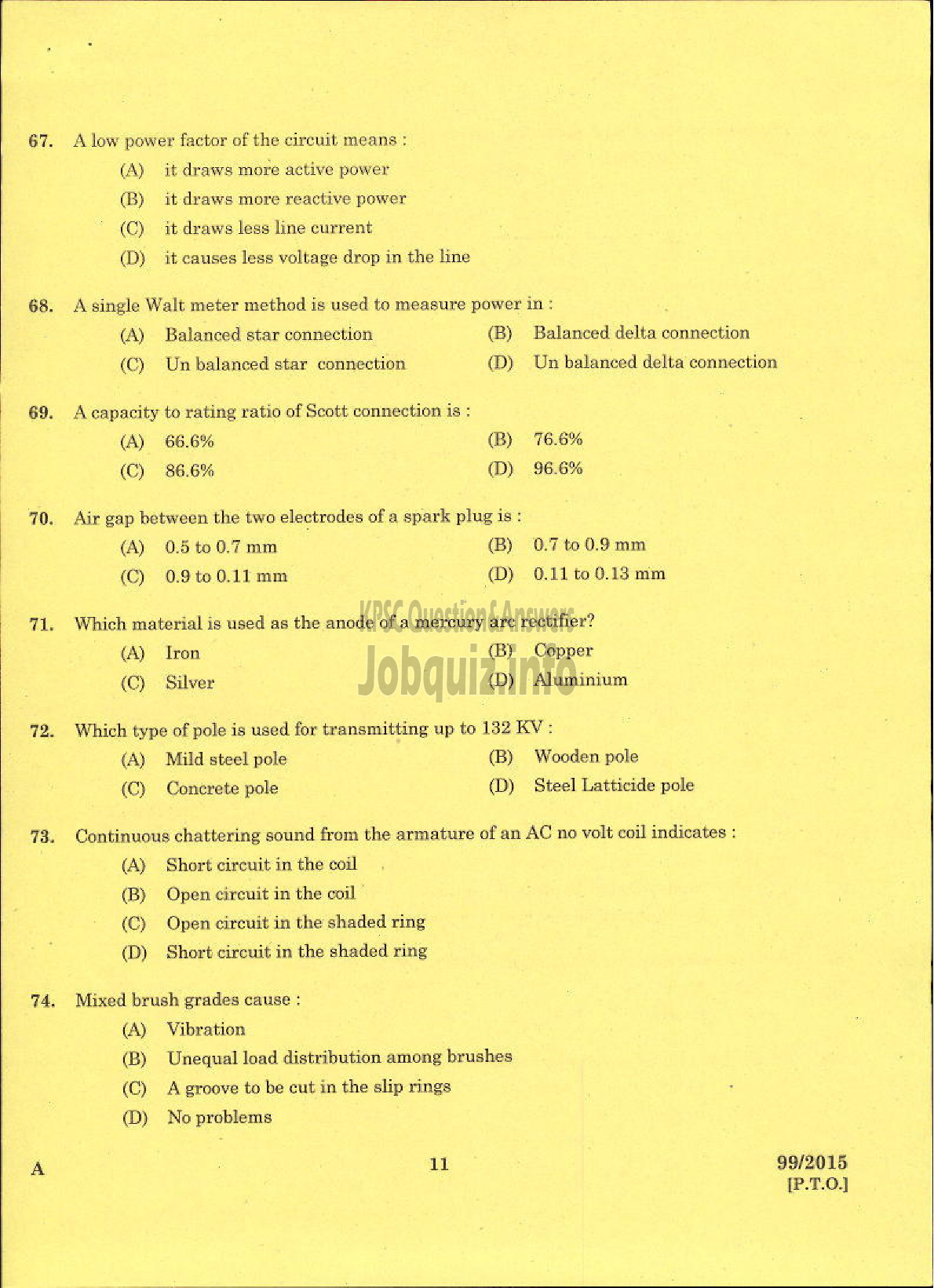 Kerala PSC Question Paper - LINEMAN PUBLIC WORKS ELECTRICAL WING-9