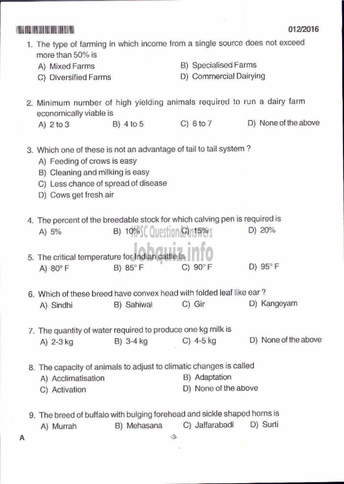 Kerala PSC Question Paper - LIVESTOCK INSPECTOR GR II/SUPERVISOR KLDB LTD-1