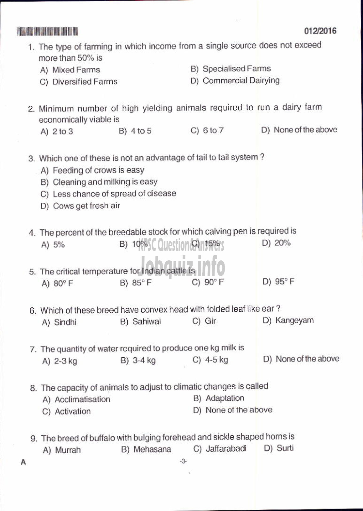 Kerala PSC Question Paper - LIVESTOCK INSPECTOR GR II/SUPERVISOR KLDB LTD QUESTION PAPER-1