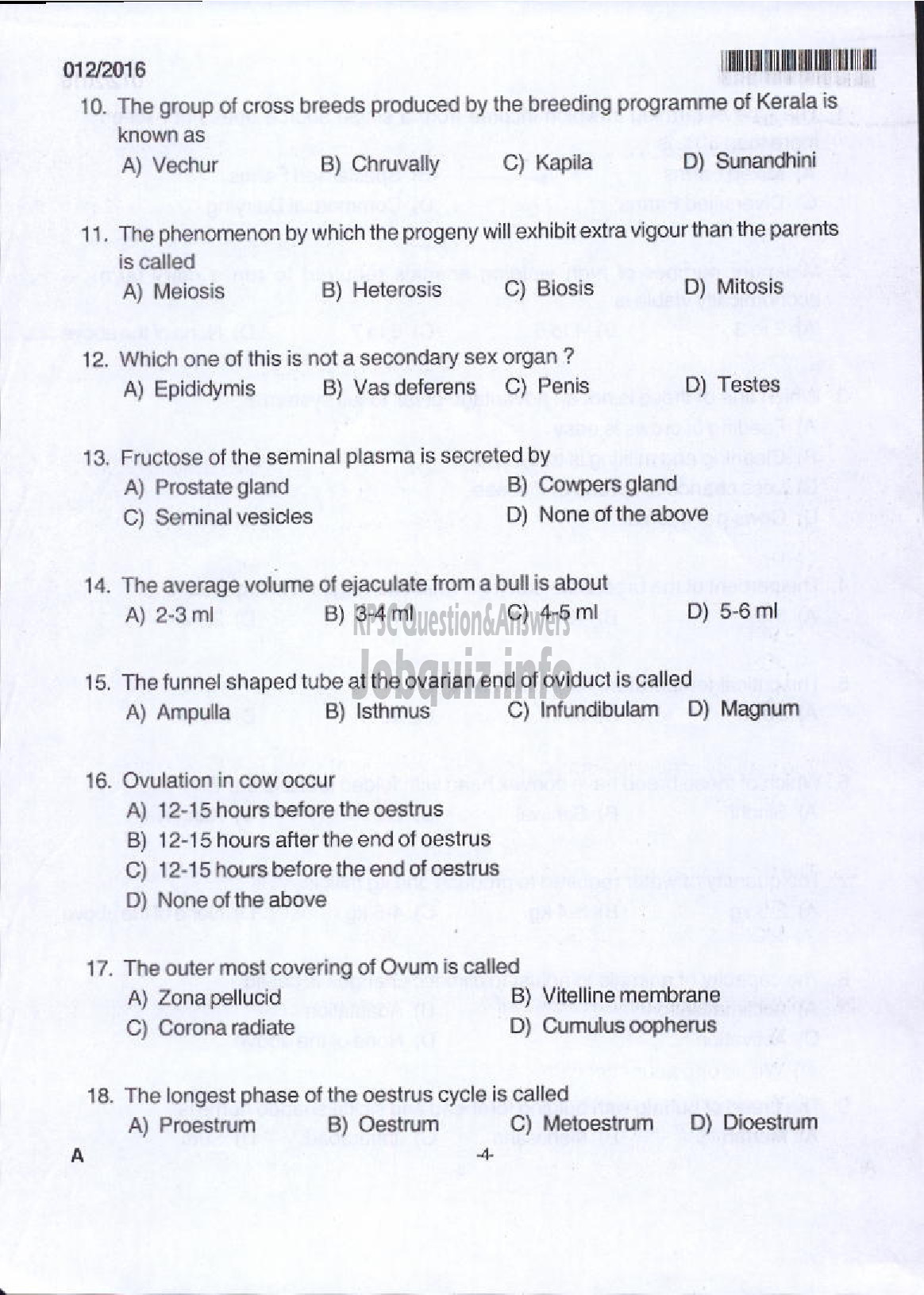 Kerala PSC Question Paper - LIVESTOCK INSPECTOR GR II/SUPERVISOR KLDB LTD QUESTION PAPER-2