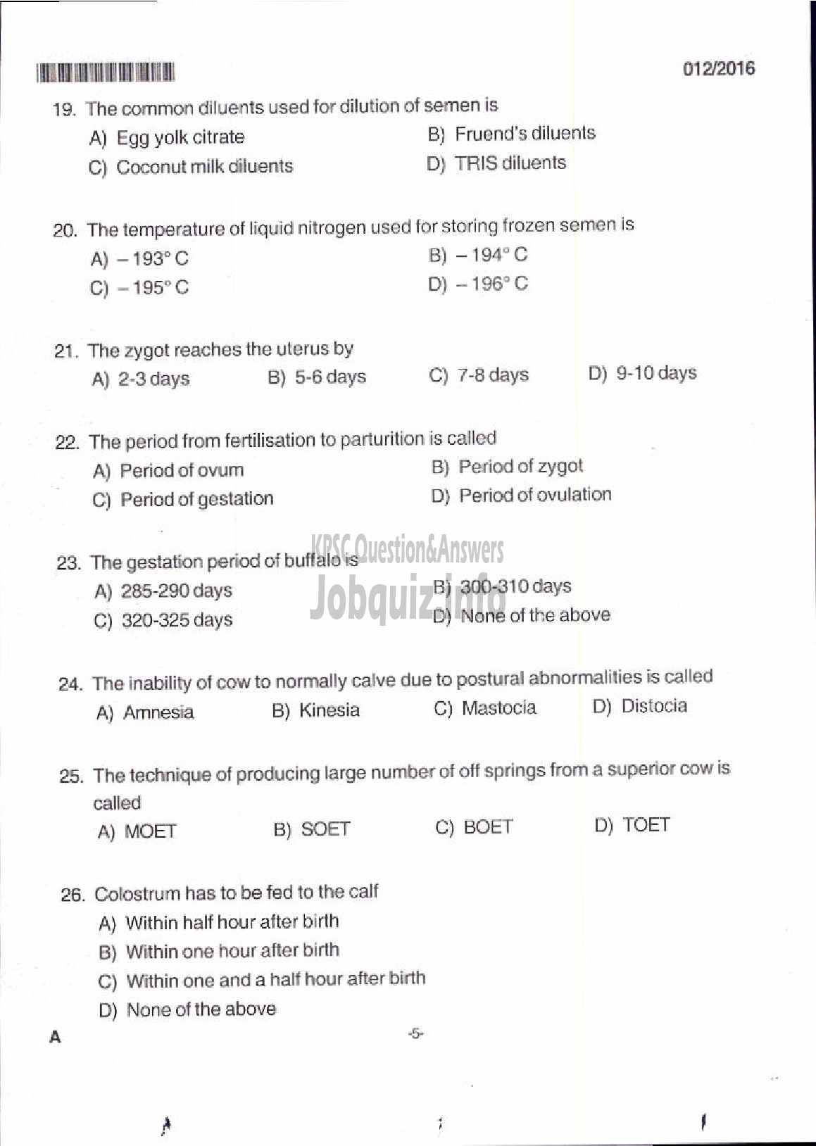 Kerala PSC Question Paper - LIVESTOCK INSPECTOR GR II/SUPERVISOR KLDB LTD QUESTION PAPER-3