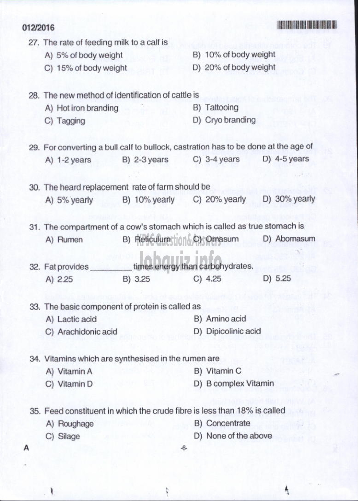 Kerala PSC Question Paper - LIVESTOCK INSPECTOR GR II/SUPERVISOR KLDB LTD QUESTION PAPER-4