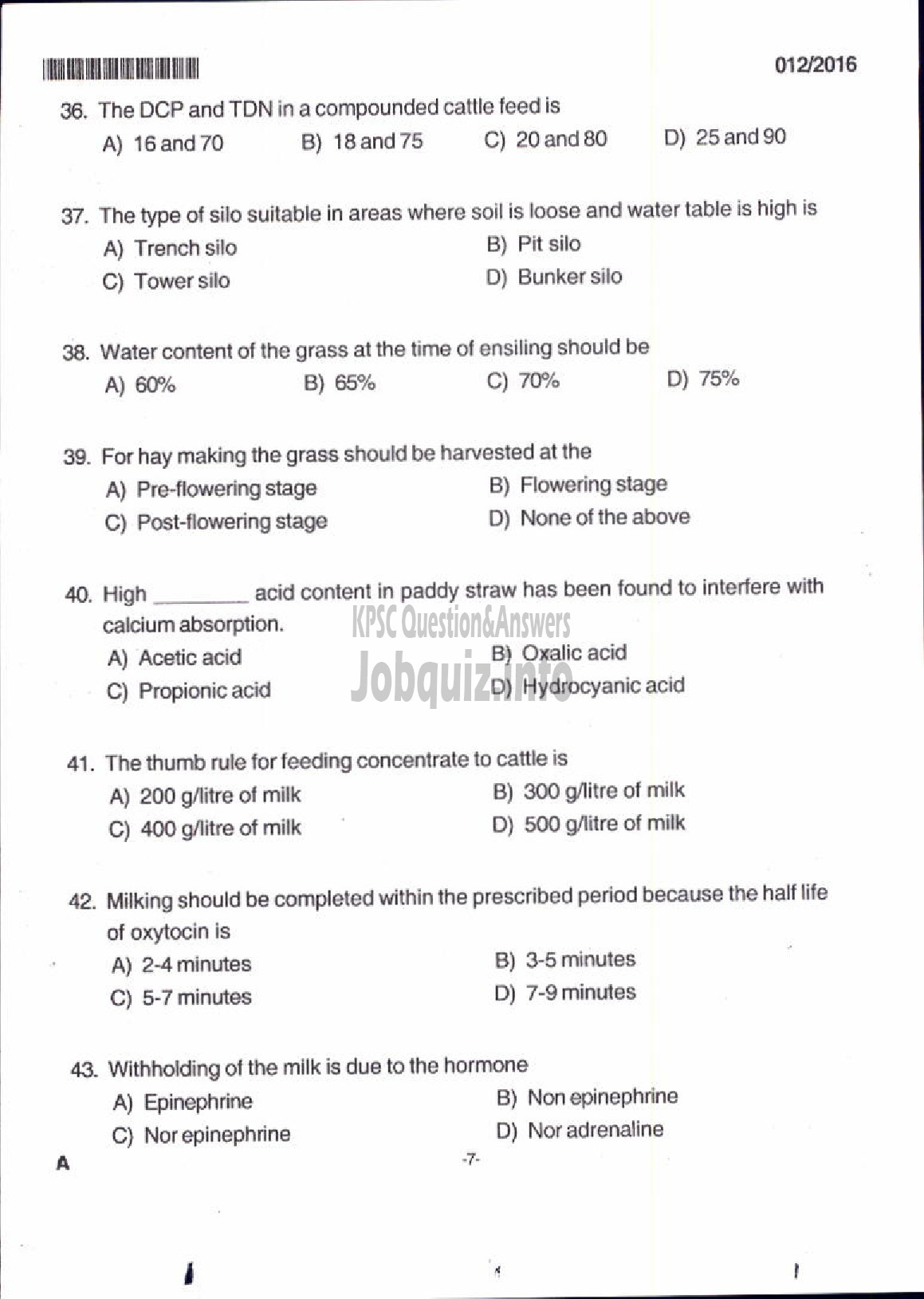 Kerala PSC Question Paper - LIVESTOCK INSPECTOR GR II/SUPERVISOR KLDB LTD QUESTION PAPER-5