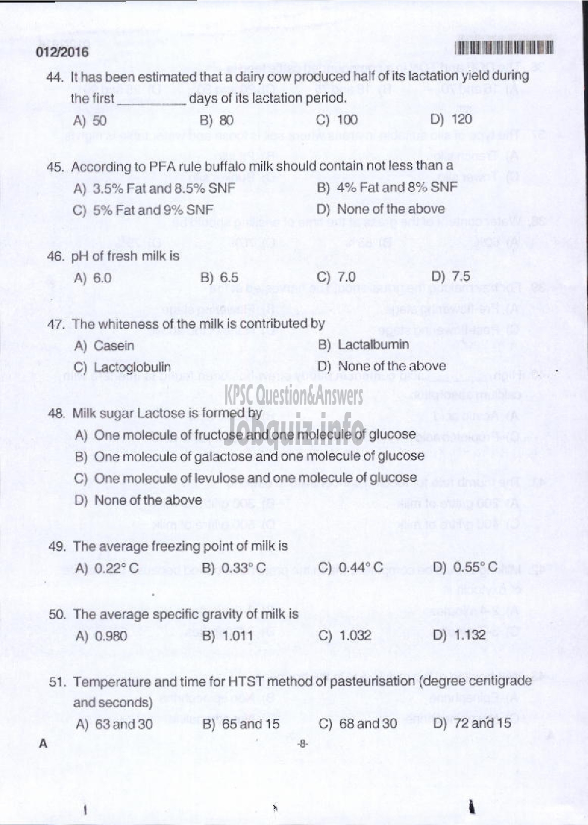 Kerala PSC Question Paper - LIVESTOCK INSPECTOR GR II/SUPERVISOR KLDB LTD QUESTION PAPER-6