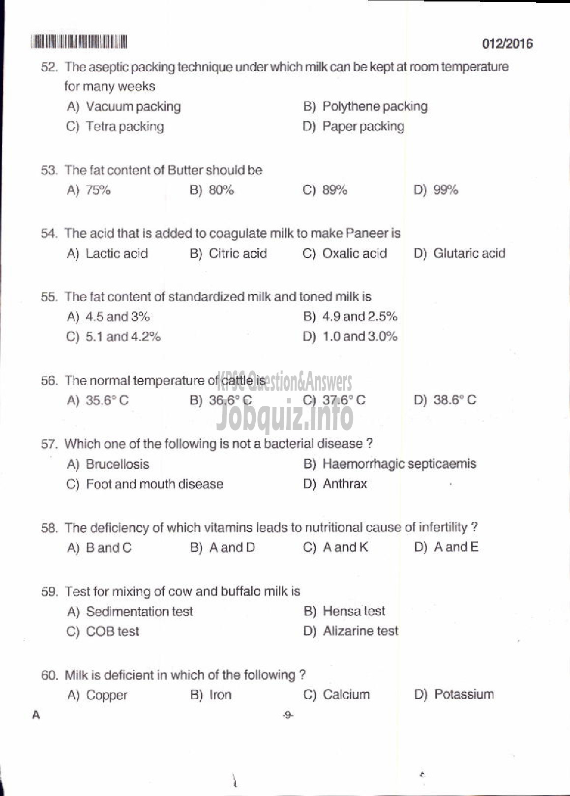 Kerala PSC Question Paper - LIVESTOCK INSPECTOR GR II/SUPERVISOR KLDB LTD QUESTION PAPER-7