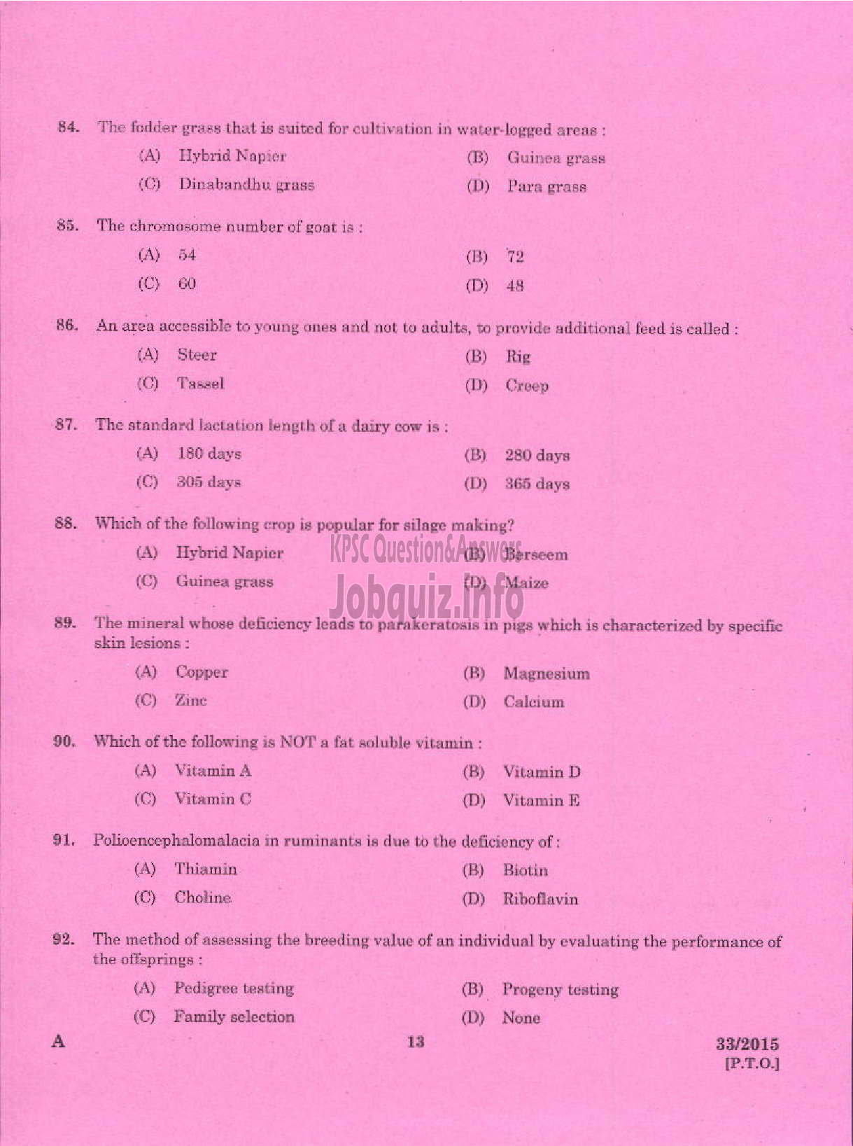 Kerala PSC Question Paper - LIVE STOCK INSPECTOR GR II / POULTRY ASSISTANT / MILK RECORDER / STORE KEEPER / ENUMERATOR II NCA HN ANIMAL HUSBANDRY-11