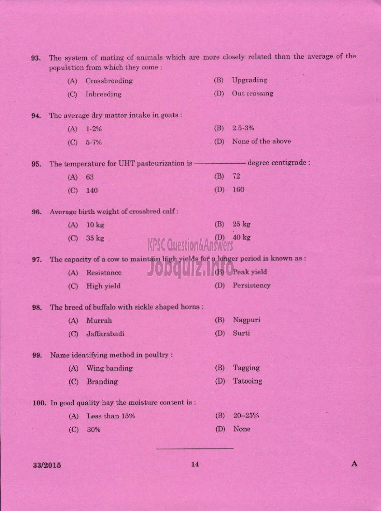Kerala PSC Question Paper - LIVE STOCK INSPECTOR GR II / POULTRY ASSISTANT / MILK RECORDER / STORE KEEPER / ENUMERATOR II NCA HN ANIMAL HUSBANDRY-12