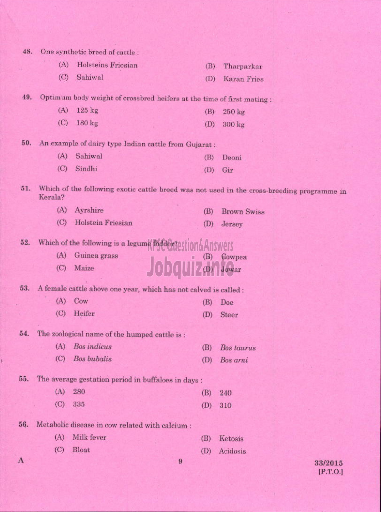 Kerala PSC Question Paper - LIVE STOCK INSPECTOR GR II / POULTRY ASSISTANT / MILK RECORDER / STORE KEEPER / ENUMERATOR II NCA HN ANIMAL HUSBANDRY-7