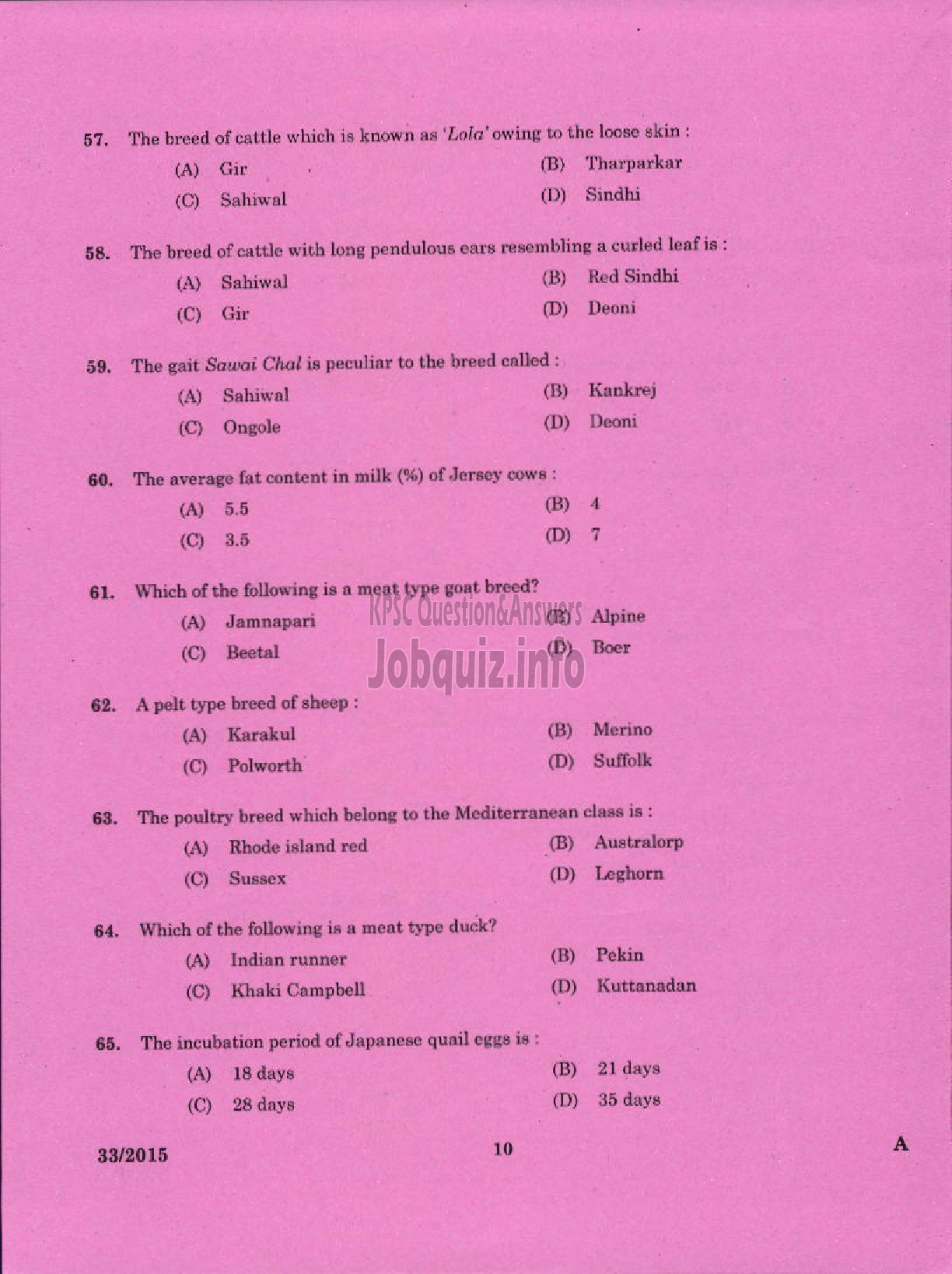 Kerala PSC Question Paper - LIVE STOCK INSPECTOR GR II / POULTRY ASSISTANT / MILK RECORDER / STORE KEEPER / ENUMERATOR II NCA HN ANIMAL HUSBANDRY-8