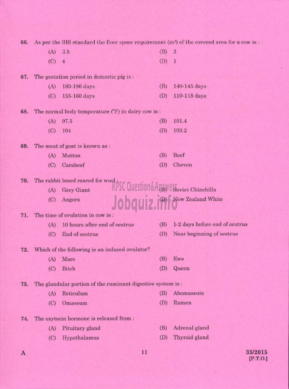 Kerala PSC Question Paper - LIVE STOCK INSPECTOR GR II / POULTRY ASSISTANT / MILK RECORDER / STORE KEEPER / ENUMERATOR II NCA HN ANIMAL HUSBANDRY-9