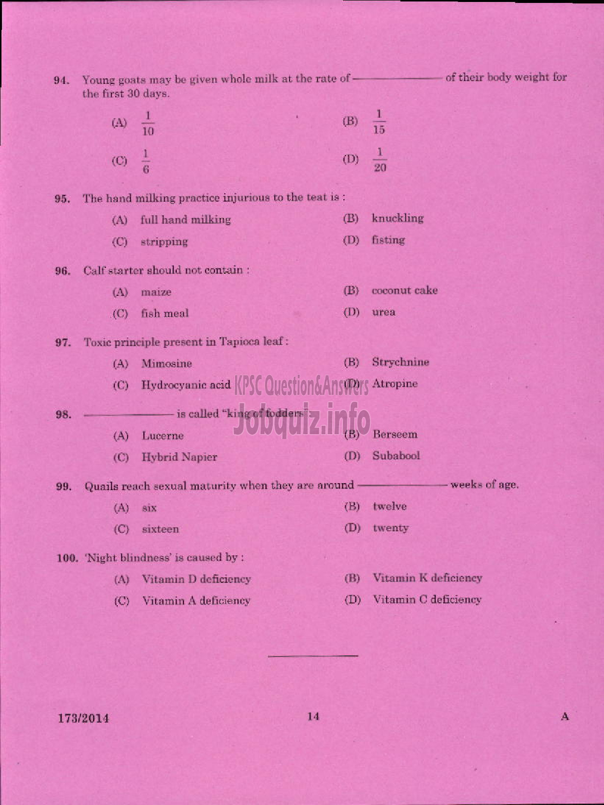 Kerala PSC Question Paper - LIVE STOCK INSPECTOR GR II / POULTRY ASSISTANT / MILK RECORDER / STORE KEEPER / ENUMERATOR NCA ANIMAL HUSBANDRY-12