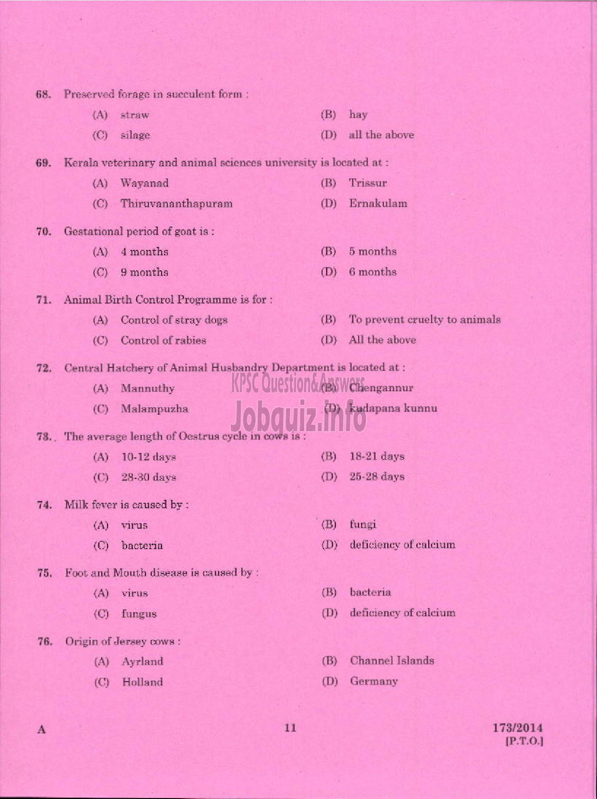 Kerala PSC Question Paper - LIVE STOCK INSPECTOR GR II / POULTRY ASSISTANT / MILK RECORDER / STORE KEEPER / ENUMERATOR NCA ANIMAL HUSBANDRY-9