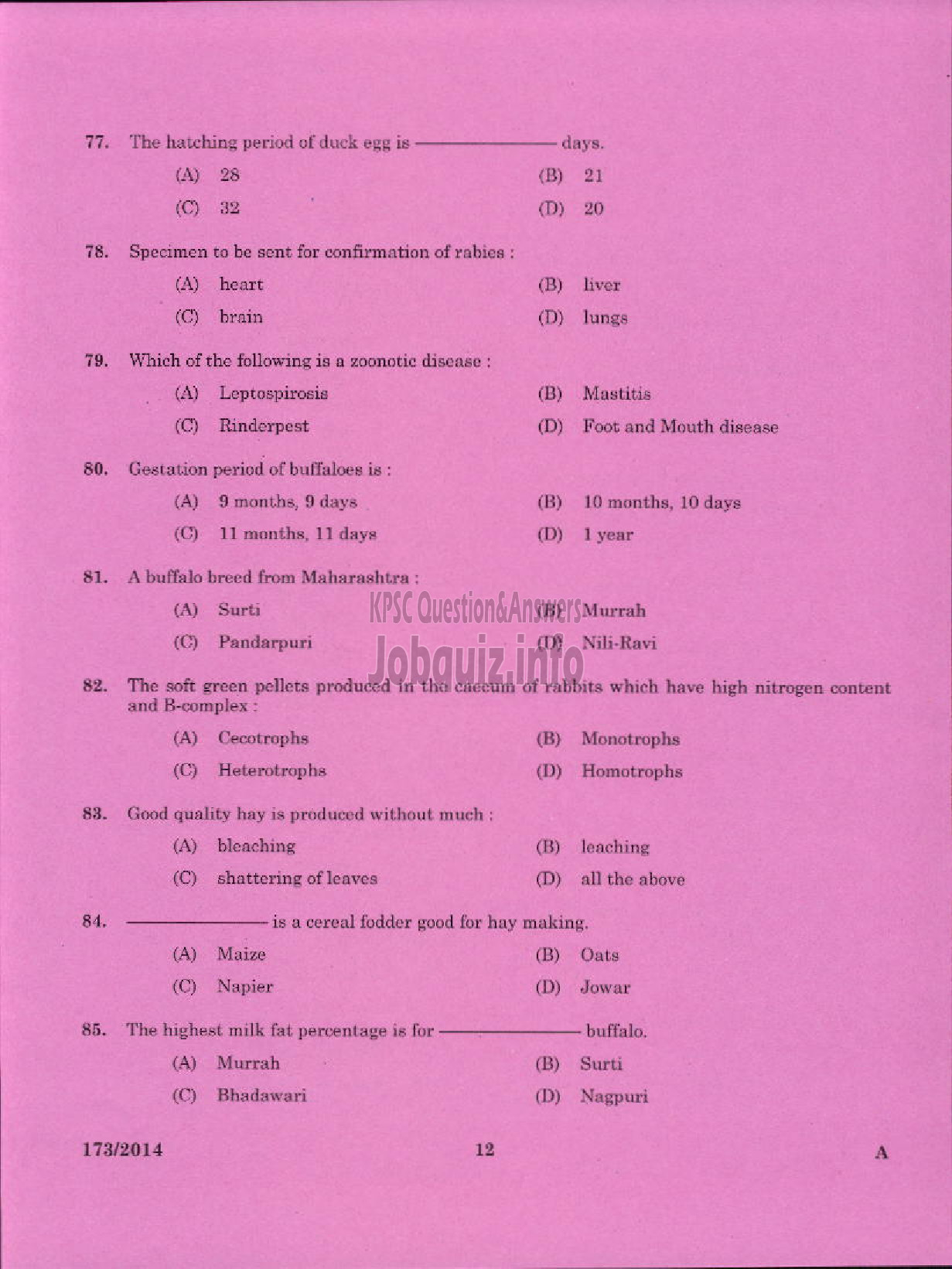 Kerala PSC Question Paper - LIVE STOCK INSPECTOR GR II / POULTRY ASSISTANT / MILK RECORDER / STORE KEEPER / ENUMERATOR NCA ANIMAL HUSBANDRY-10