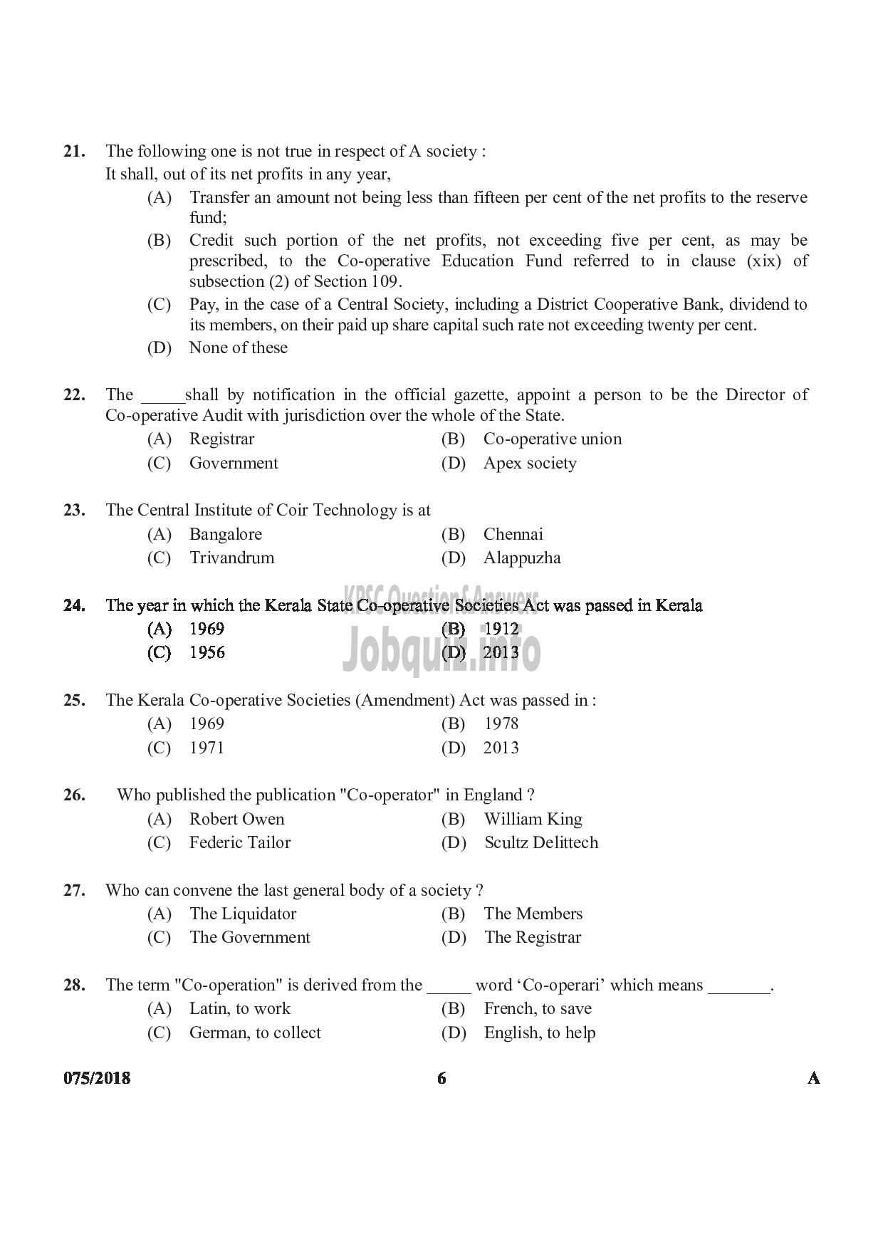 Kerala PSC Question Paper - LOWER DIVISION CLERK APEX SOCIETIES OF COOPERATIVE SECTOR IN KERALA-6