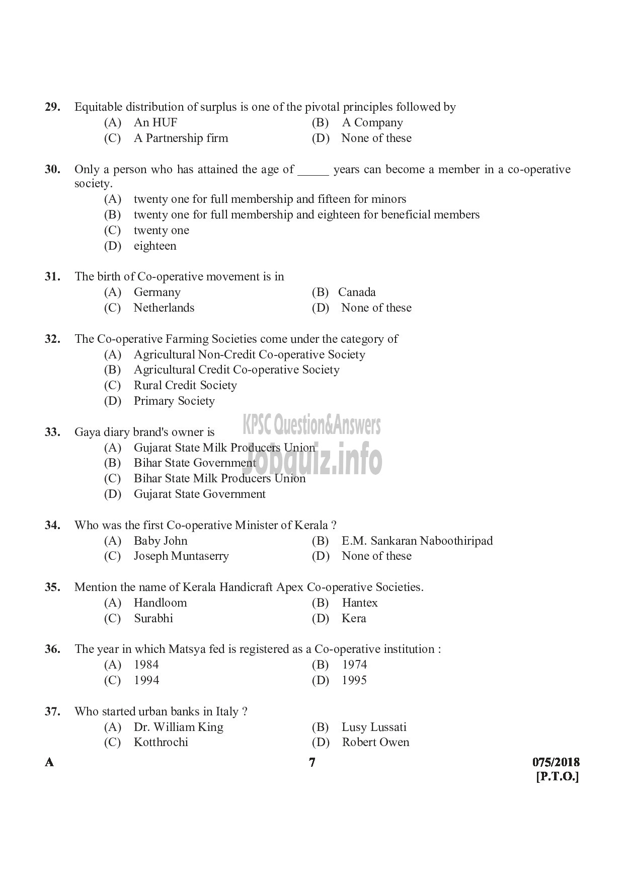 Kerala PSC Question Paper - LOWER DIVISION CLERK APEX SOCIETIES OF COOPERATIVE SECTOR IN KERALA-7