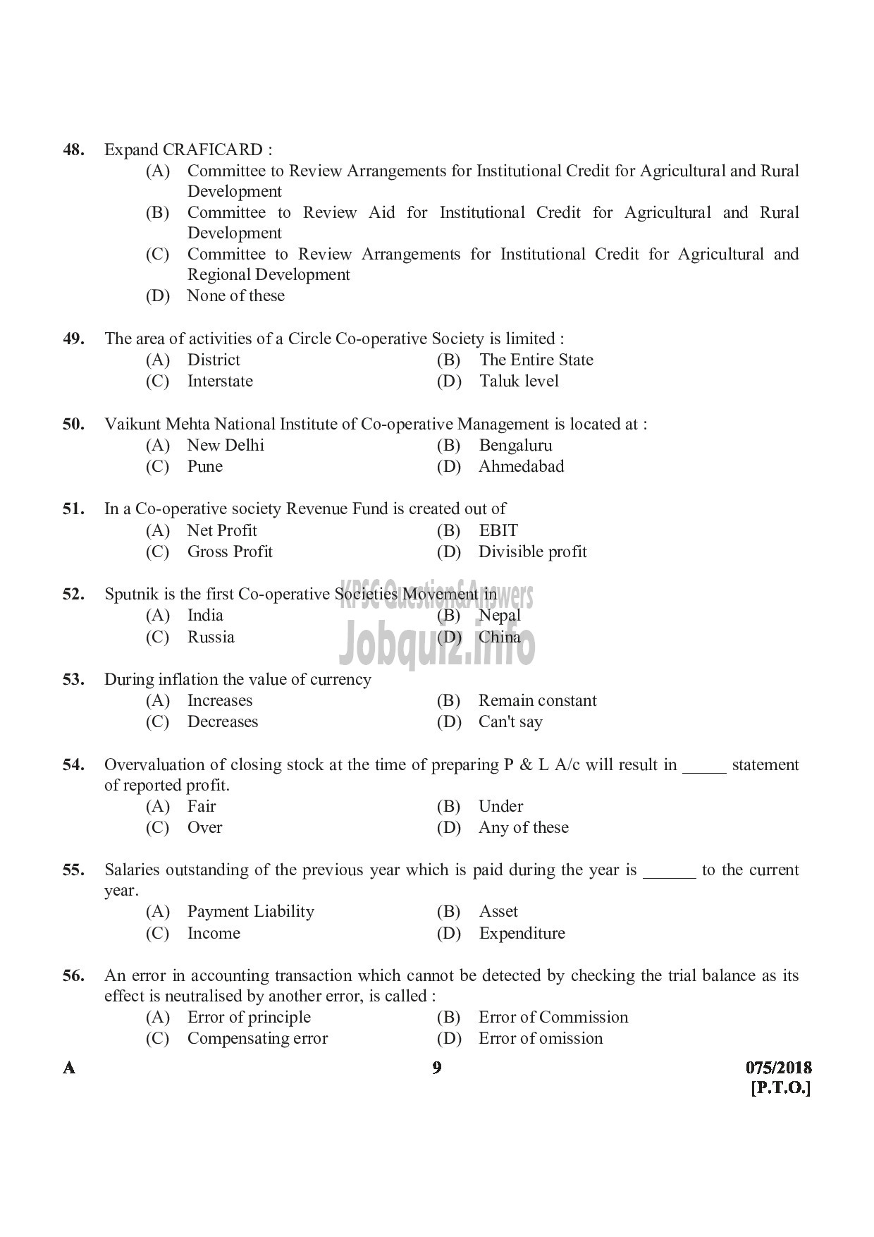 Kerala PSC Question Paper - LOWER DIVISION CLERK APEX SOCIETIES OF COOPERATIVE SECTOR IN KERALA-9