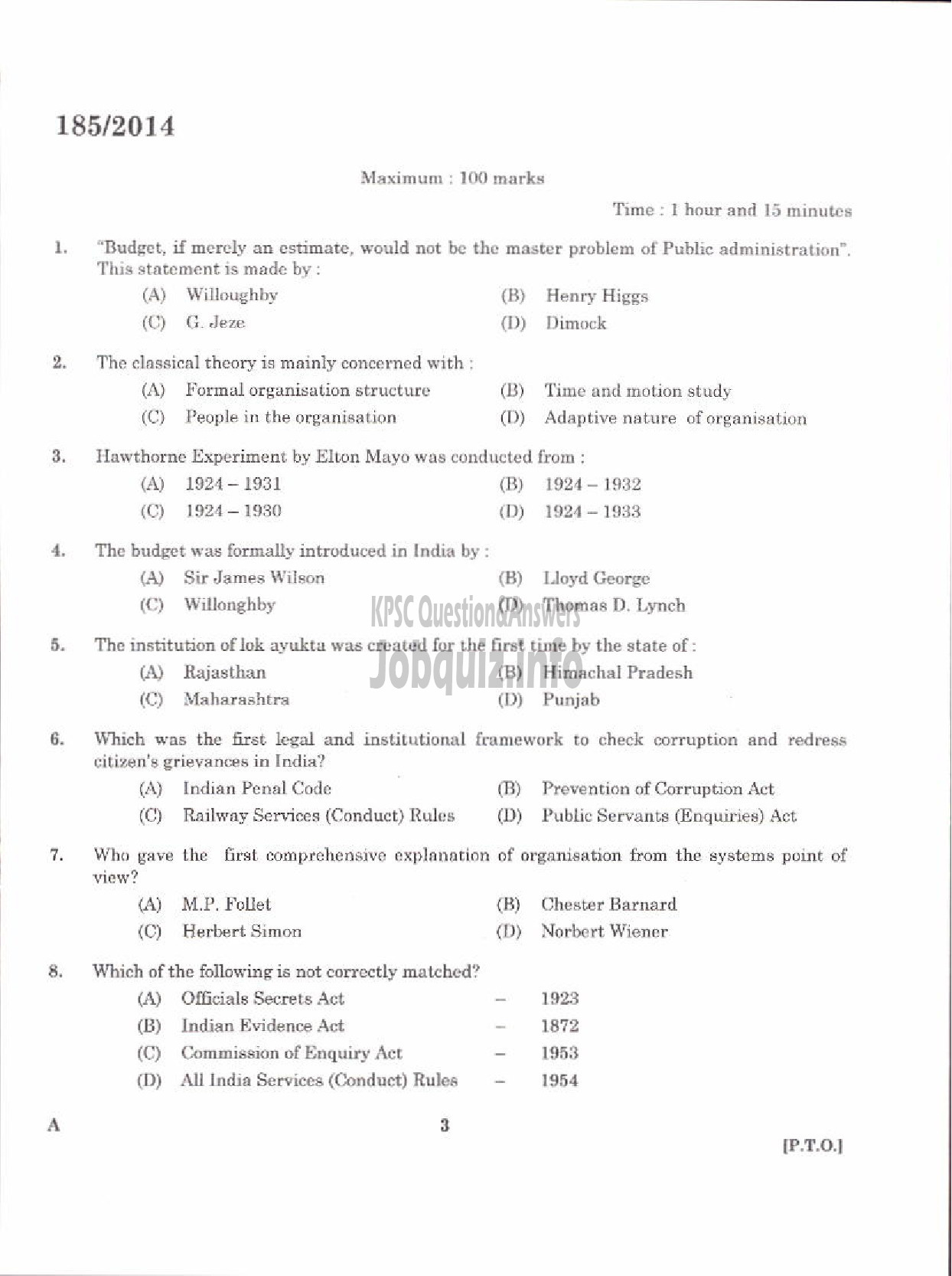 Kerala PSC Question Paper - LR IN PUBLIC ADMINISTRATION KERALA COLLEGIATE EDUCATION-1