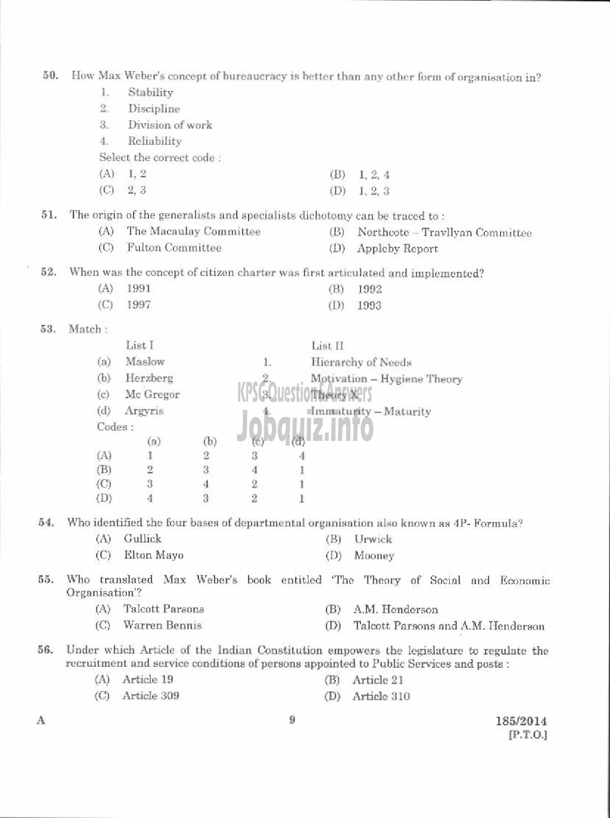 Kerala PSC Question Paper - LR IN PUBLIC ADMINISTRATION KERALA COLLEGIATE EDUCATION-7