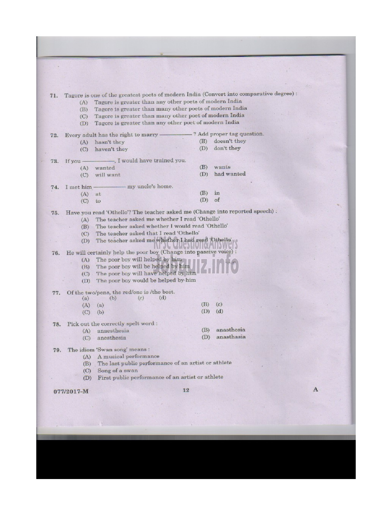 Kerala PSC Question Paper - L D CLERK VARIOUS KOLLAM THRISSUR KASARGOD QUESTION PAPER-10