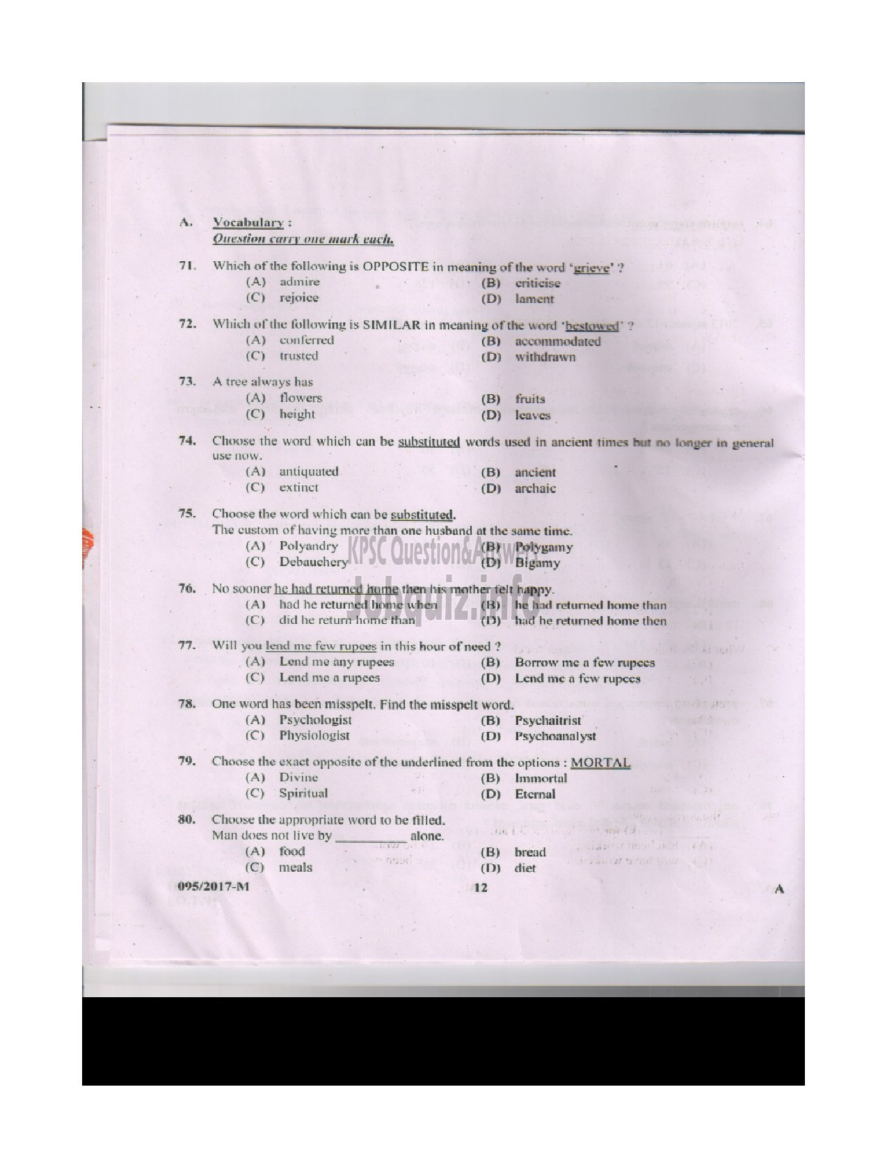 Kerala PSC Question Paper - L.D.CLERK VARIOUS KOTTAYAM AND WAYANAD MALAYALAM-12