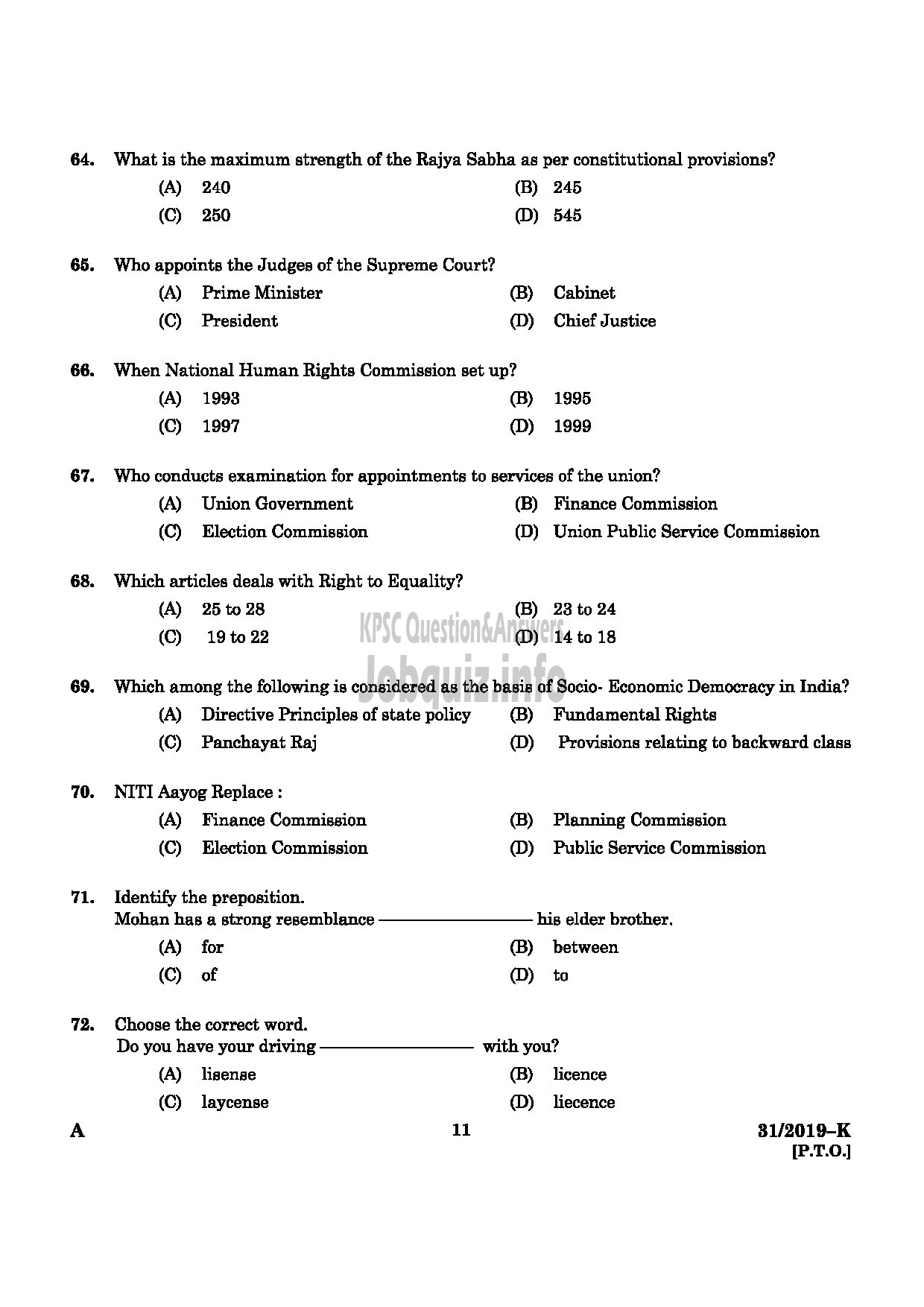 Kerala PSC Question Paper - L.D.Clerk (By Transfer Kerala Water Authority English/kannada -9