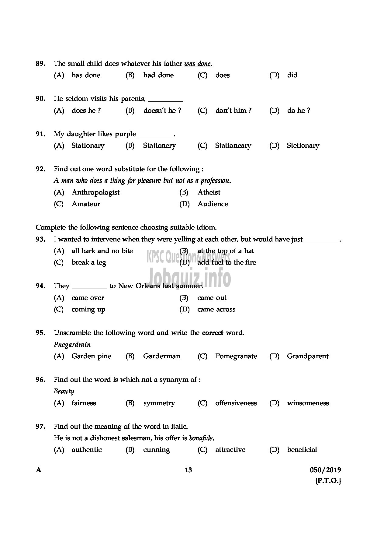 Kerala PSC Question Paper - L.D.Clerk ( Kannada & Malayalam Knowing) English/Kannada/Malayalam-13