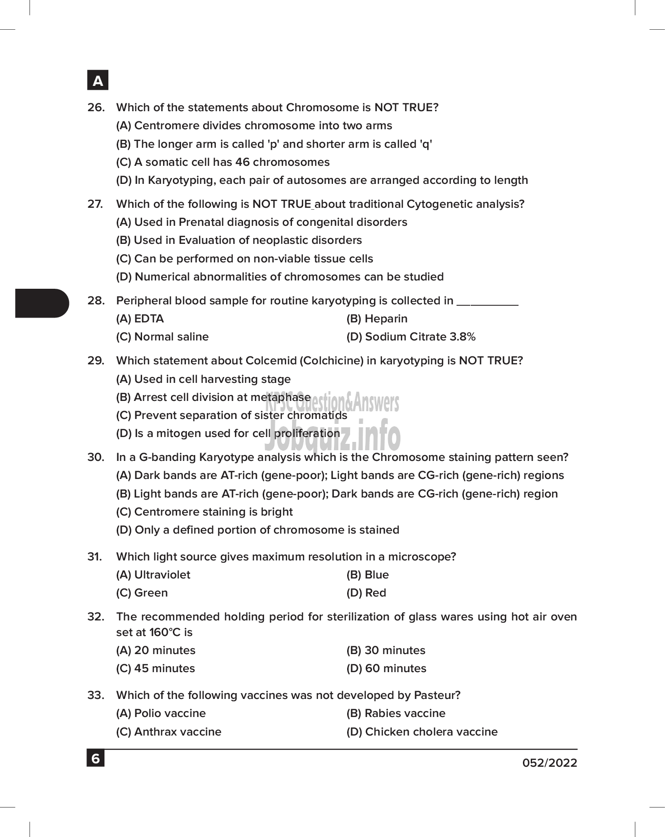Kerala PSC Question Paper - Lab Technician & Mortuary Technician Grade II - Meat Products of India Ltd & Medical Education   -6