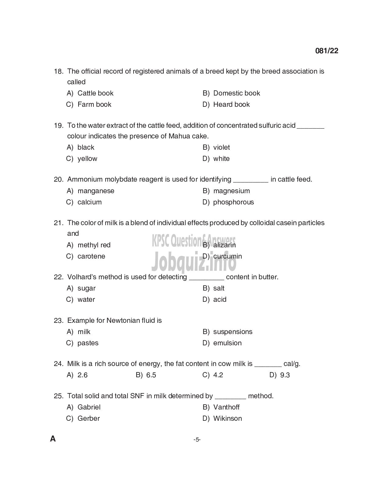 Kerala PSC Question Paper - Laboratory Assistant (Dairy/ CFP) - Kerala Co-operative Milk Marketing Federation Ltd  -5