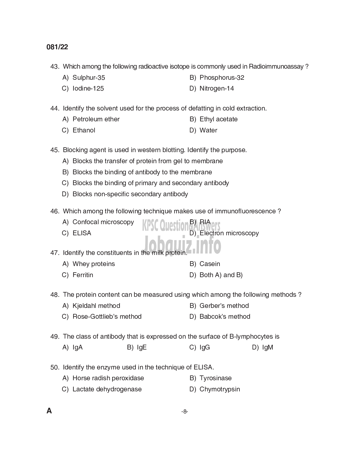 Kerala PSC Question Paper - Laboratory Assistant (Dairy/ CFP) - Kerala Co-operative Milk Marketing Federation Ltd  -8