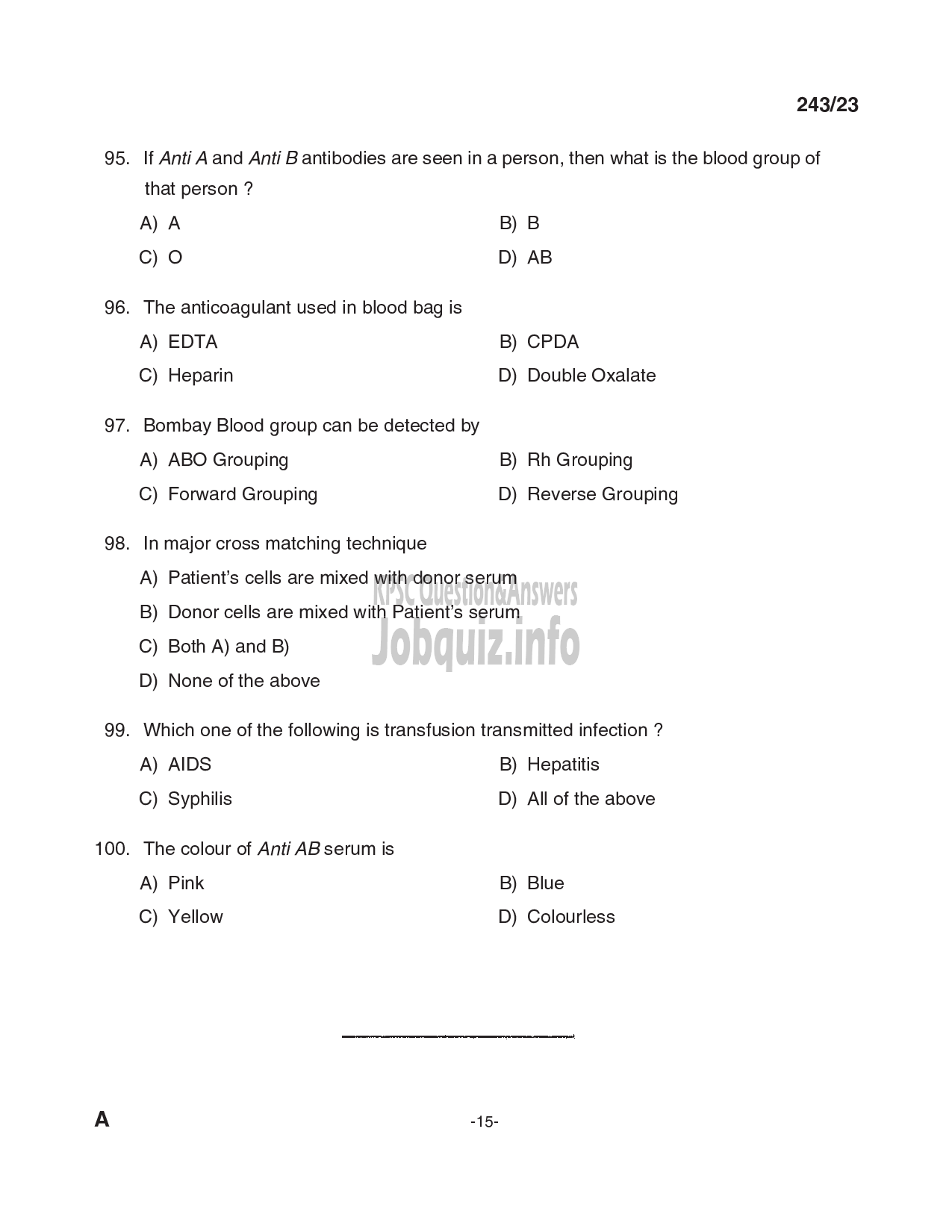 Kerala PSC Question Paper - Laboratory Attender-15