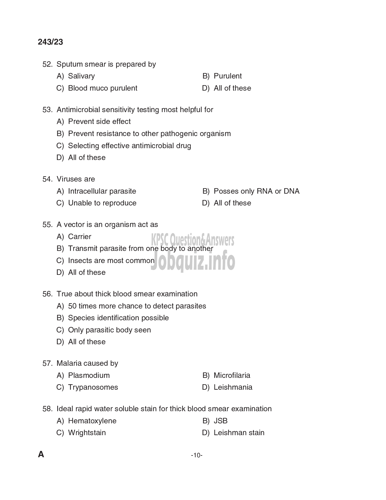 Kerala PSC Question Paper - Laboratory Attender-10