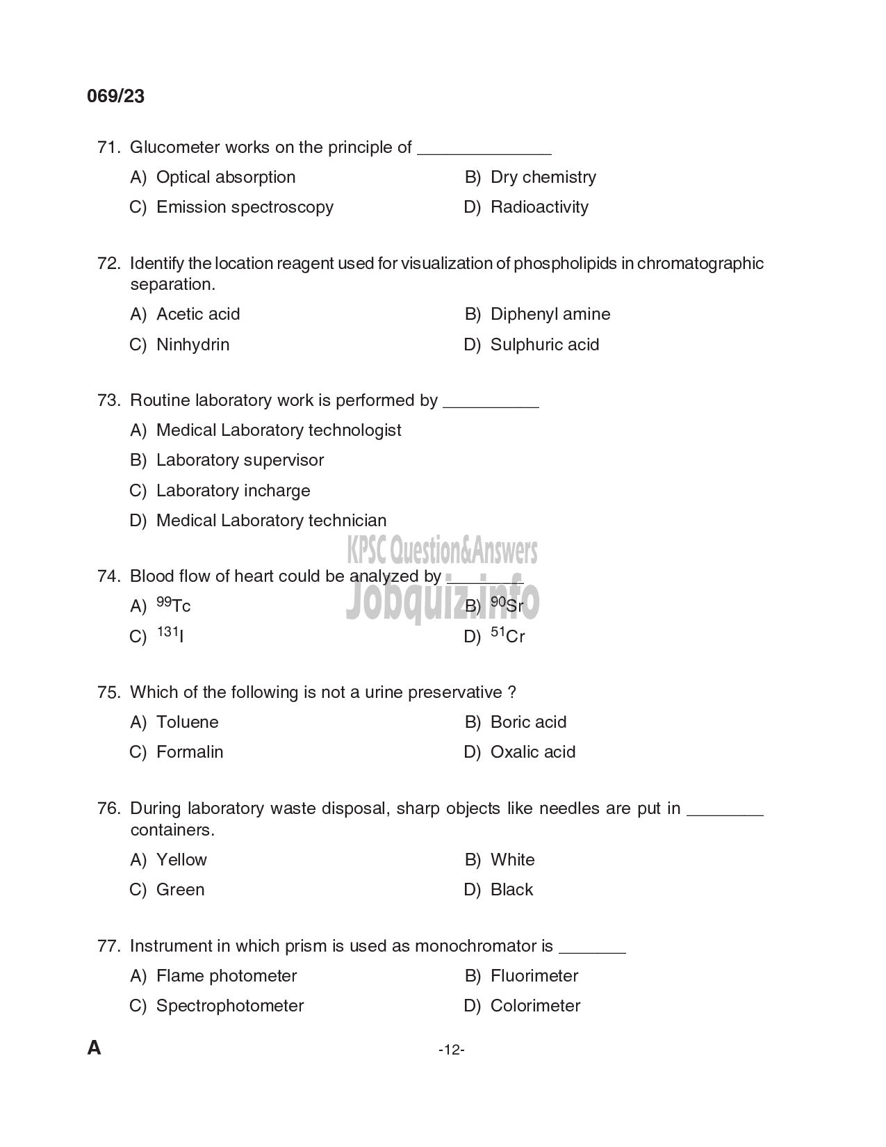 Kerala PSC Question Paper - Laboratory Technician Grade II, Blood Bank Technician Grade II in Govt. Homoeopathic Medical Colleges, IMS, Medical Education, Health Services-12