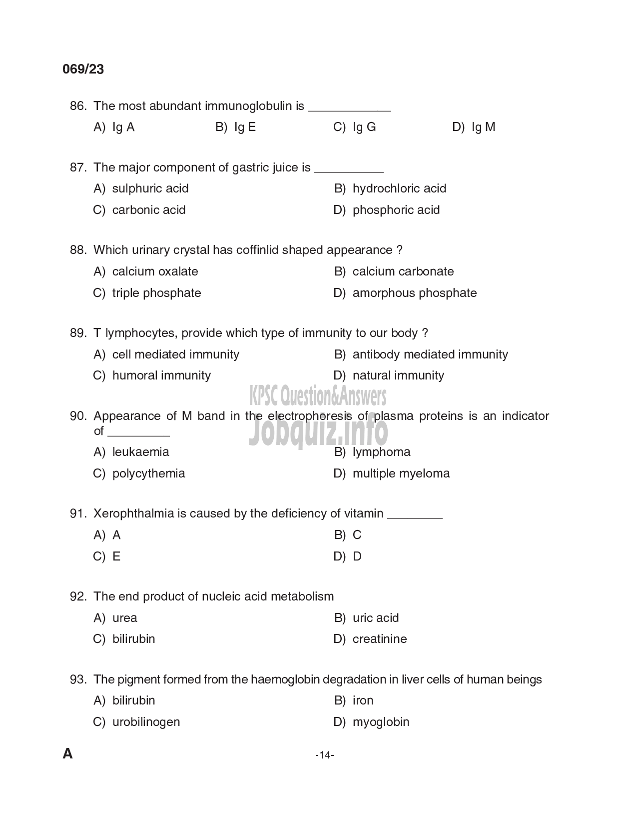 Kerala PSC Question Paper - Laboratory Technician Grade II, Blood Bank Technician Grade II in Govt. Homoeopathic Medical Colleges, IMS, Medical Education, Health Services-14