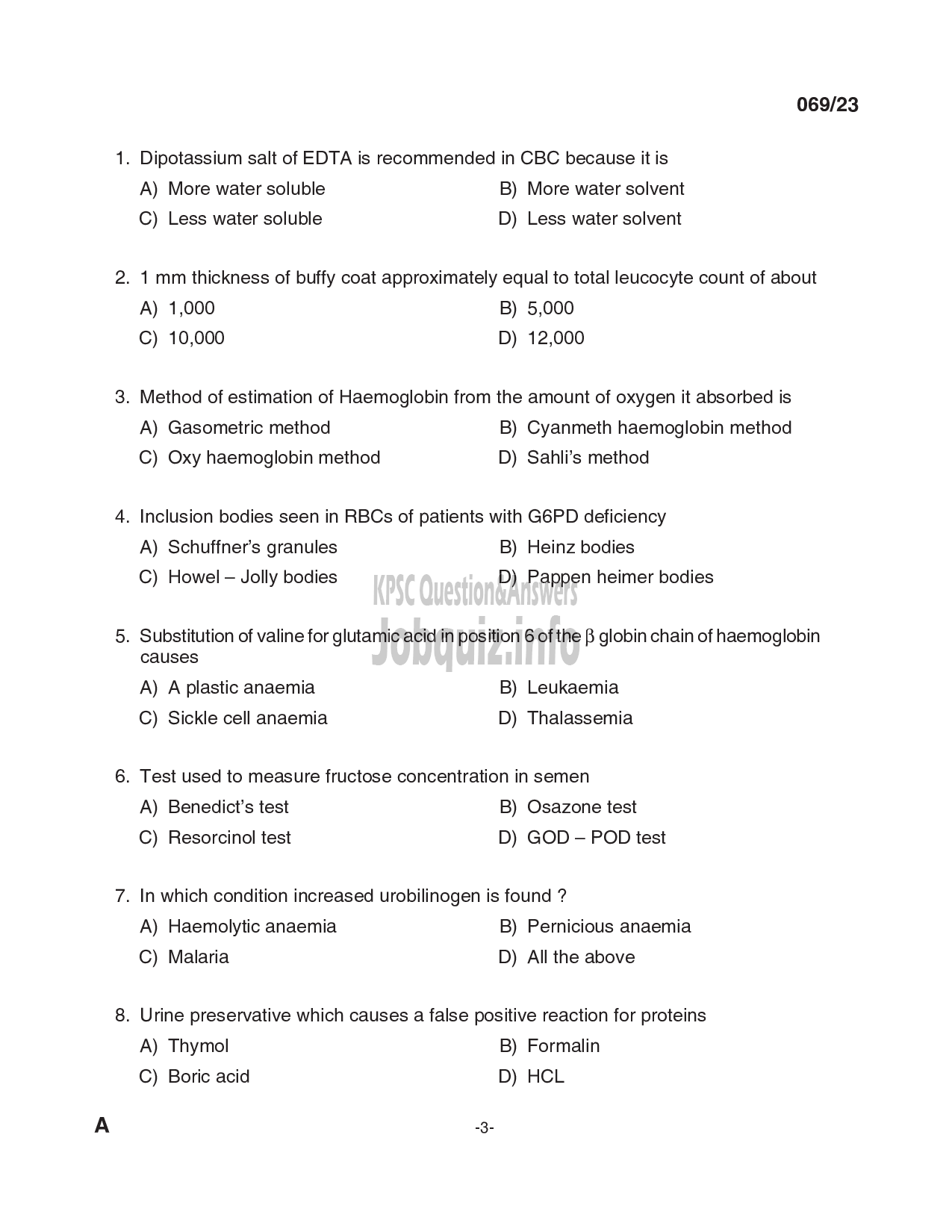 Kerala PSC Question Paper - Laboratory Technician Grade II, Blood Bank Technician Grade II in Govt. Homoeopathic Medical Colleges, IMS, Medical Education, Health Services-3