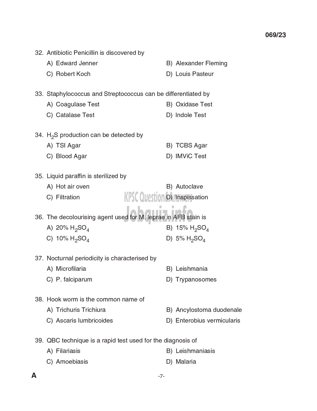 Kerala PSC Question Paper - Laboratory Technician Grade II, Blood Bank Technician Grade II in Govt. Homoeopathic Medical Colleges, IMS, Medical Education, Health Services-7