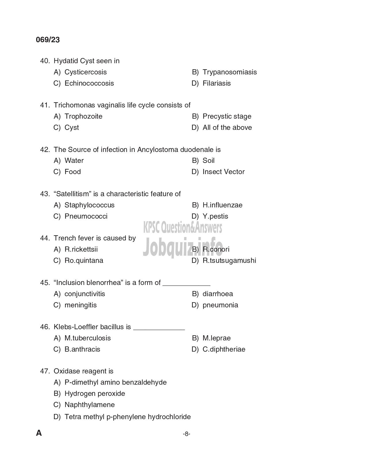 Kerala PSC Question Paper - Laboratory Technician Grade II, Blood Bank Technician Grade II in Govt. Homoeopathic Medical Colleges, IMS, Medical Education, Health Services-8