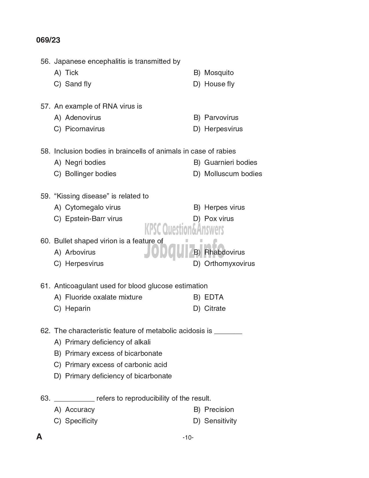 Kerala PSC Question Paper - Laboratory Technician Grade II, Blood Bank Technician Grade II in Govt. Homoeopathic Medical Colleges, IMS, Medical Education, Health Services-10