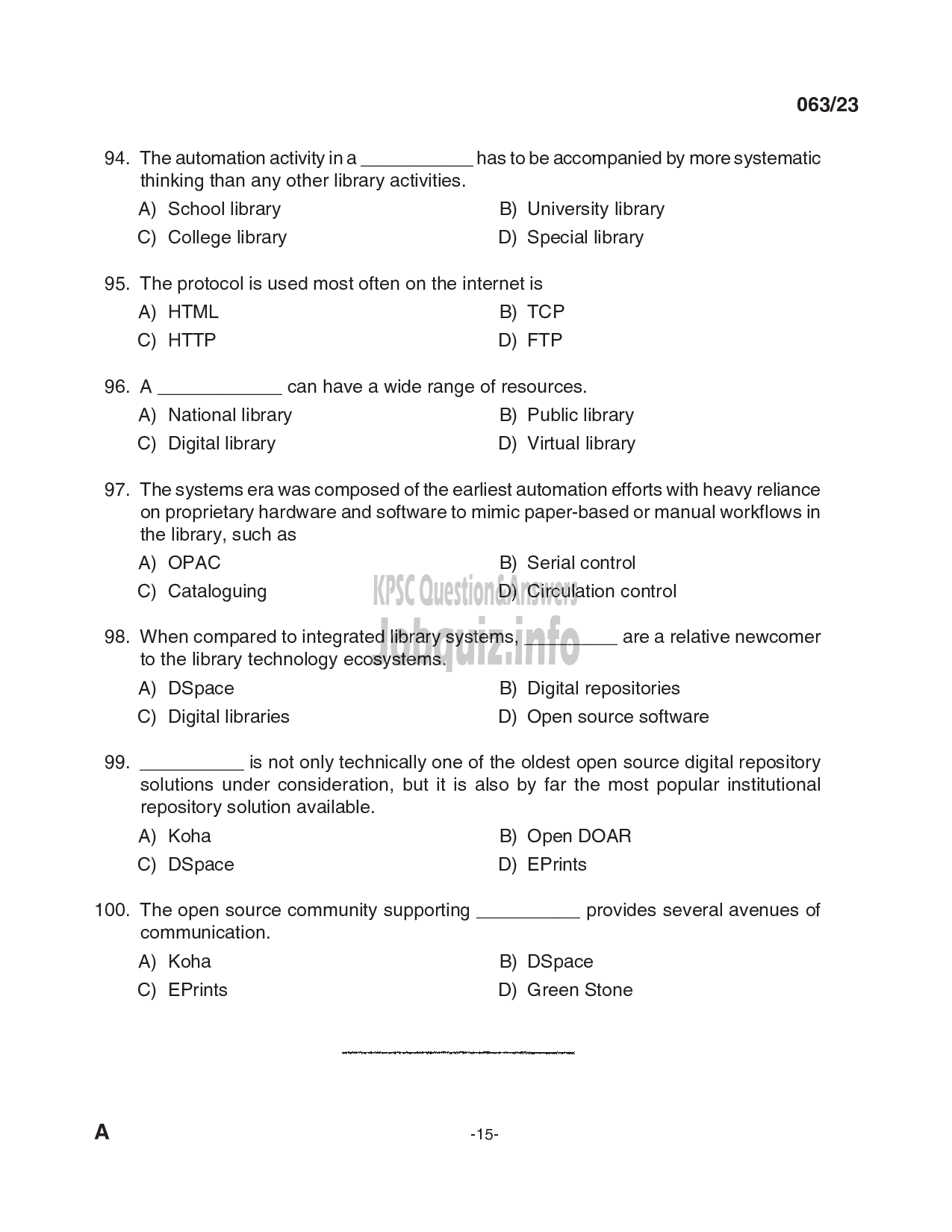 Kerala PSC Question Paper - Librarian Gr IV - Kerala Municipal Common Service, Kerala Common Pool Library-15