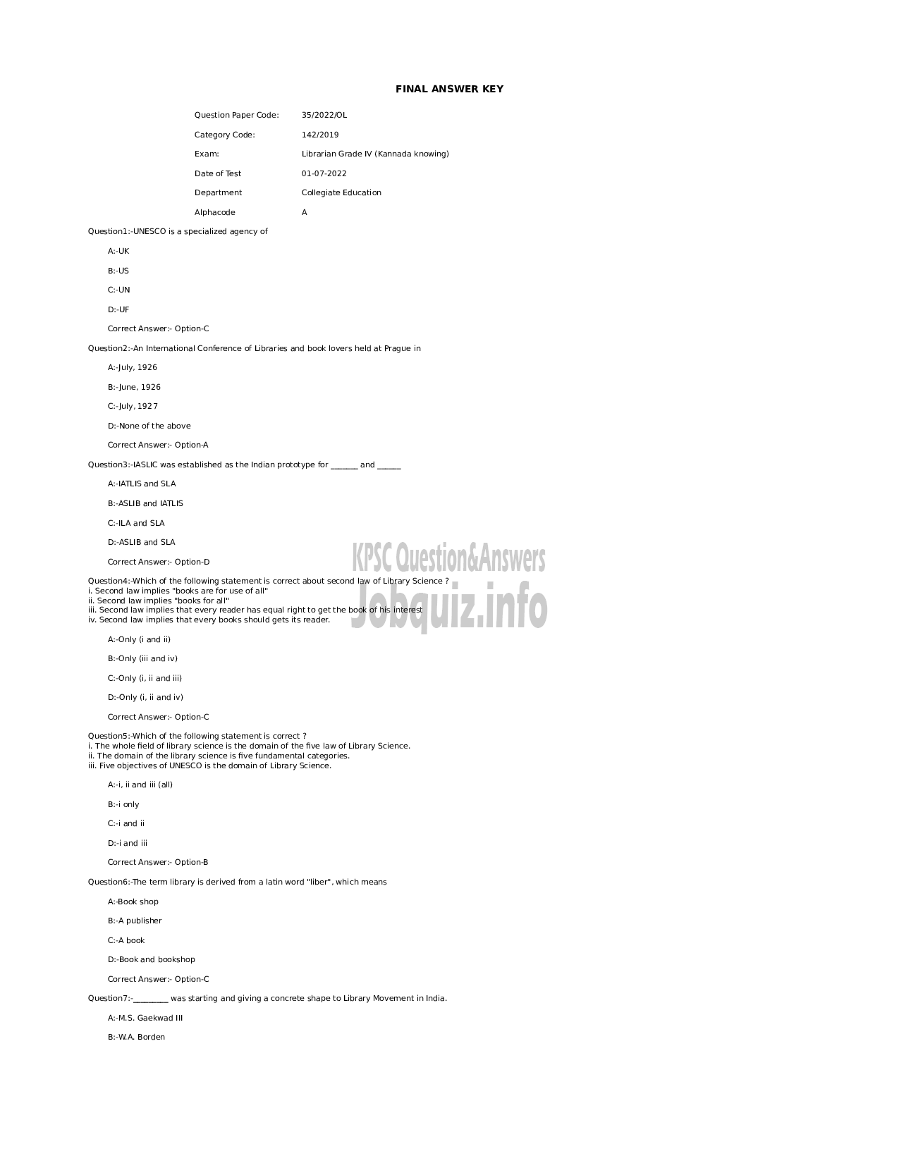 Kerala PSC Question Paper - Librarian Grade IV (Kannada knowing)-1